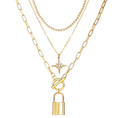 Cubic Zirconia & 18K Gold-Plated Star Lock Layered Pendant Necklace