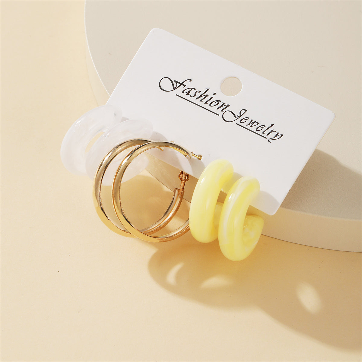 Yellow Resin and 18K Gold-Plated Hoop Earring Set, elegant gift for her, front view