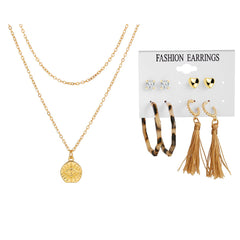 Cubic Zirconia & 18K Gold-Plated Earrings & Layered Pendant Necklace Set