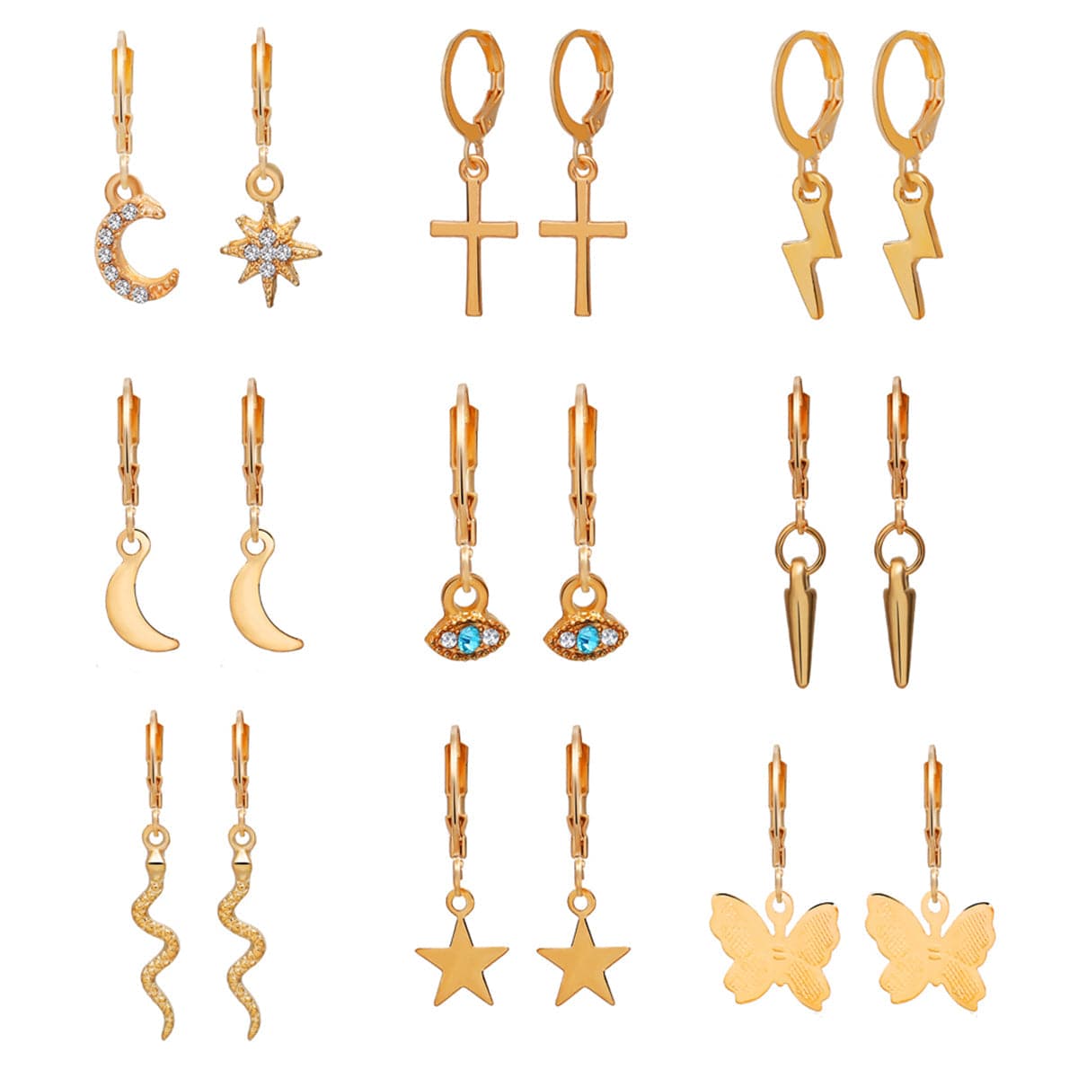 Cubic Zirconia and 18K Gold-Plated Celestial Drop Earring Set, gold drop earrings for women, front view