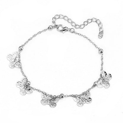 Silver-Plated Butterfly Station Anklet, silver anklet bracelet, dainty minimalist design, front view