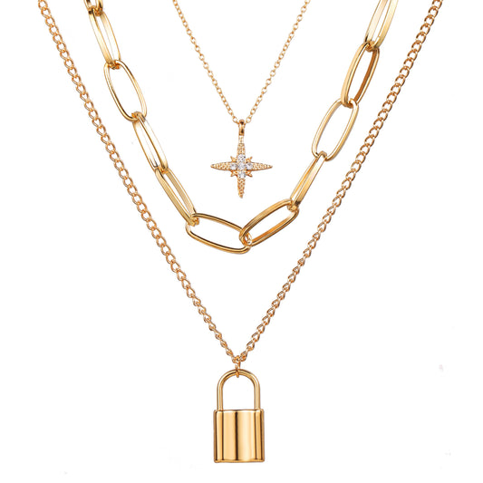 Cubic Zirconia and 18K Gold-Plated Star Lock Layered Pendant Necklace, gold pendant necklace for women, front view