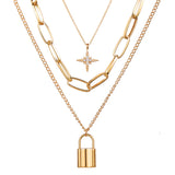 Cubic Zirconia & 18k Gold-Plated Star Lock Layered Pendant Necklace