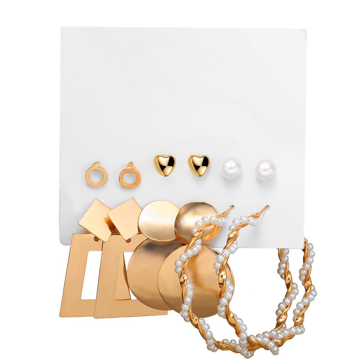 Pearl and 18K Gold-Plated Geometric Stud and Drop Earrings Set, gold stud earrings for women, front view