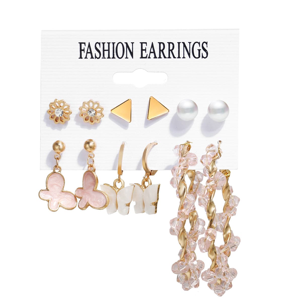 Pearl and Enamel 18K Gold-Plated Flower Butterfly Earring Set, gold stud earrings for women, everyday style, front view