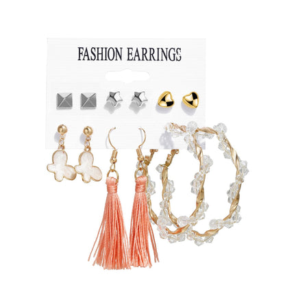Coral Polyster and Acrylic 18K Gold-Plated Heart Butterfly Drop Earring Set, gold stud earrings for women, front view
