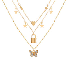 Cubic Zirconia & 18K Gold-Plated Butterfly Layered Pendant Necklace