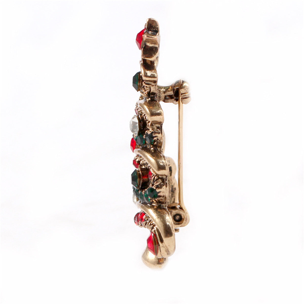 Red Cubic Zirconia and 18K Gold-Plated Christmas Tree Brooch, gold brooch pin, botanical inspired, detail close-up