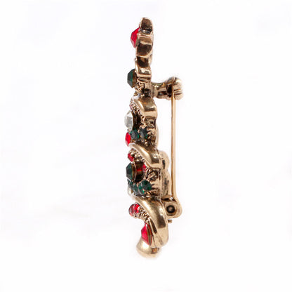 Red Cubic Zirconia and 18K Gold-Plated Christmas Tree Brooch, gold brooch pin, botanical inspired, detail close-up