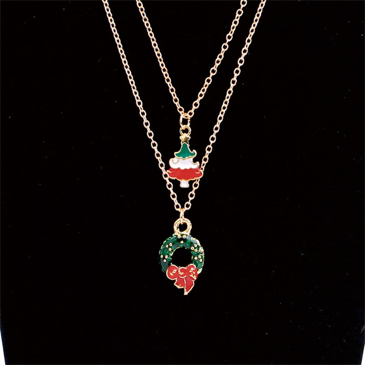 Green Enamel and 18K Gold-Plated Christmas Wreath and Tree Pendant Necklace Set, jewelry gift sets for women, lifestyle look