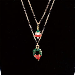 Green Enamel & 18K Gold-Plated Christmas Wreath & Tree Pendant Necklace Set