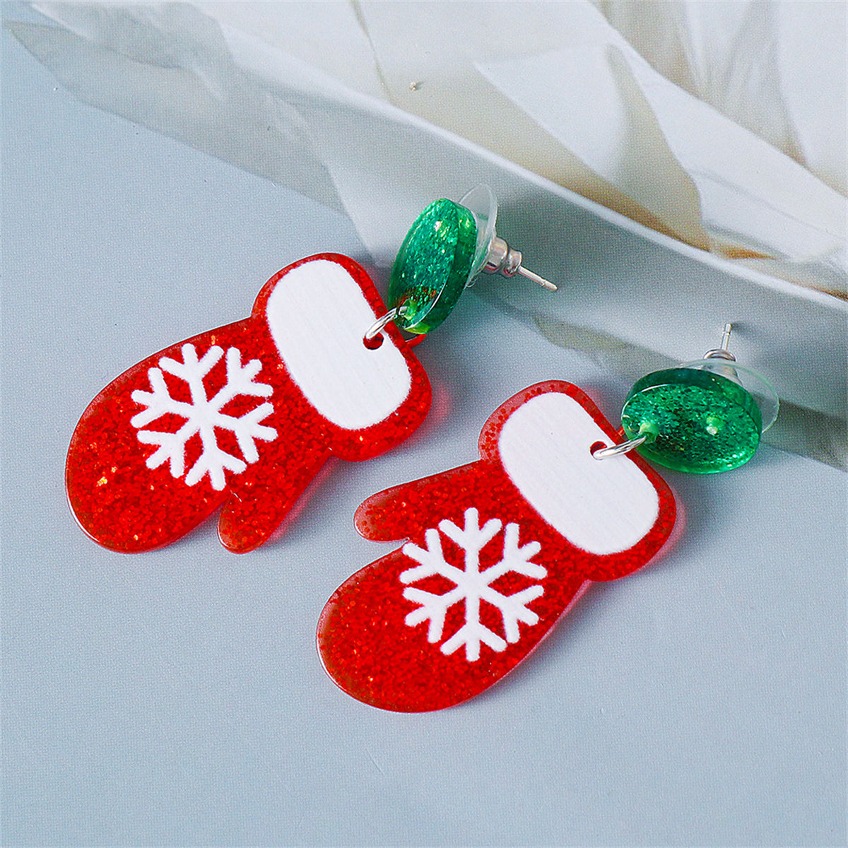 Red and Green Glitter Tiered Snowflake Glove Drop Earrings, drop earrings for women, botanical inspired, detail close-up