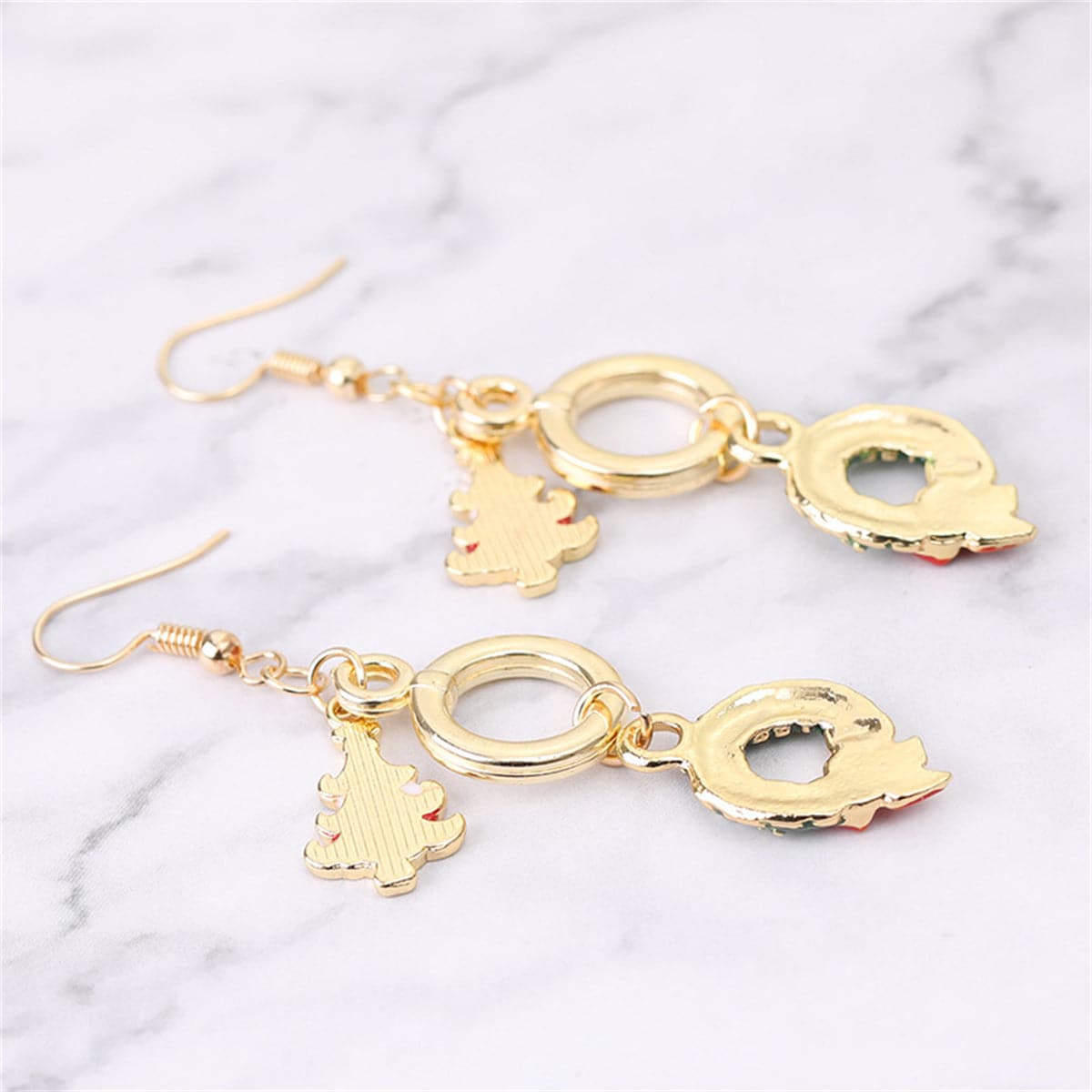 Green Enamel & 18K Gold-Plated Christmas Tree Wreath Drop Earrings