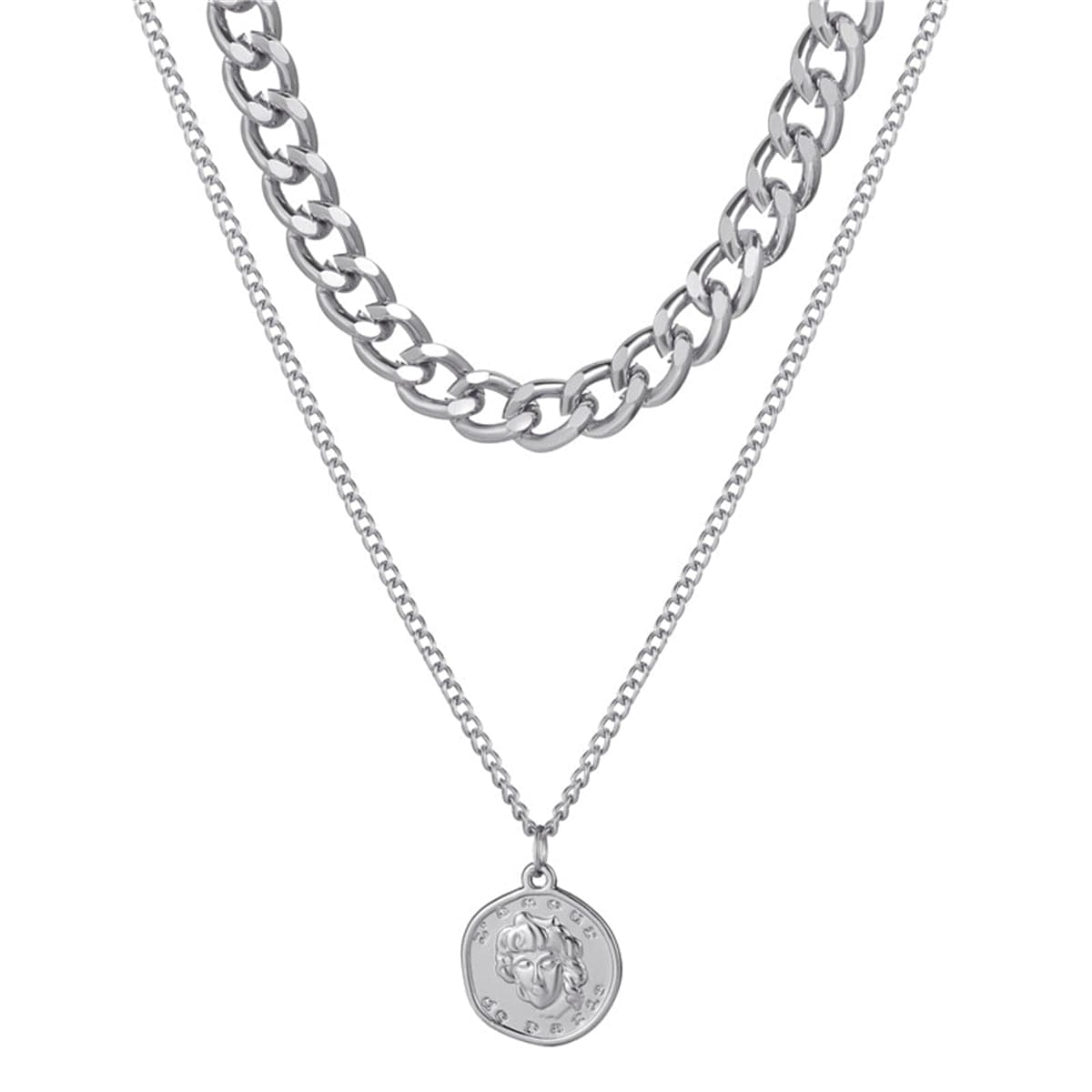 Silver-Plated Coin Figaro Pendant Necklace