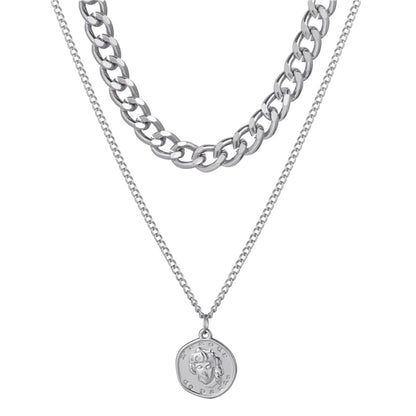 Silver-Plated Coin Figaro Pendant Necklace, silver pendant necklace for women, everyday style, side view