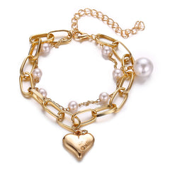 Pearl & 18K Gold-Plated Heart Charm Chain Bracelet