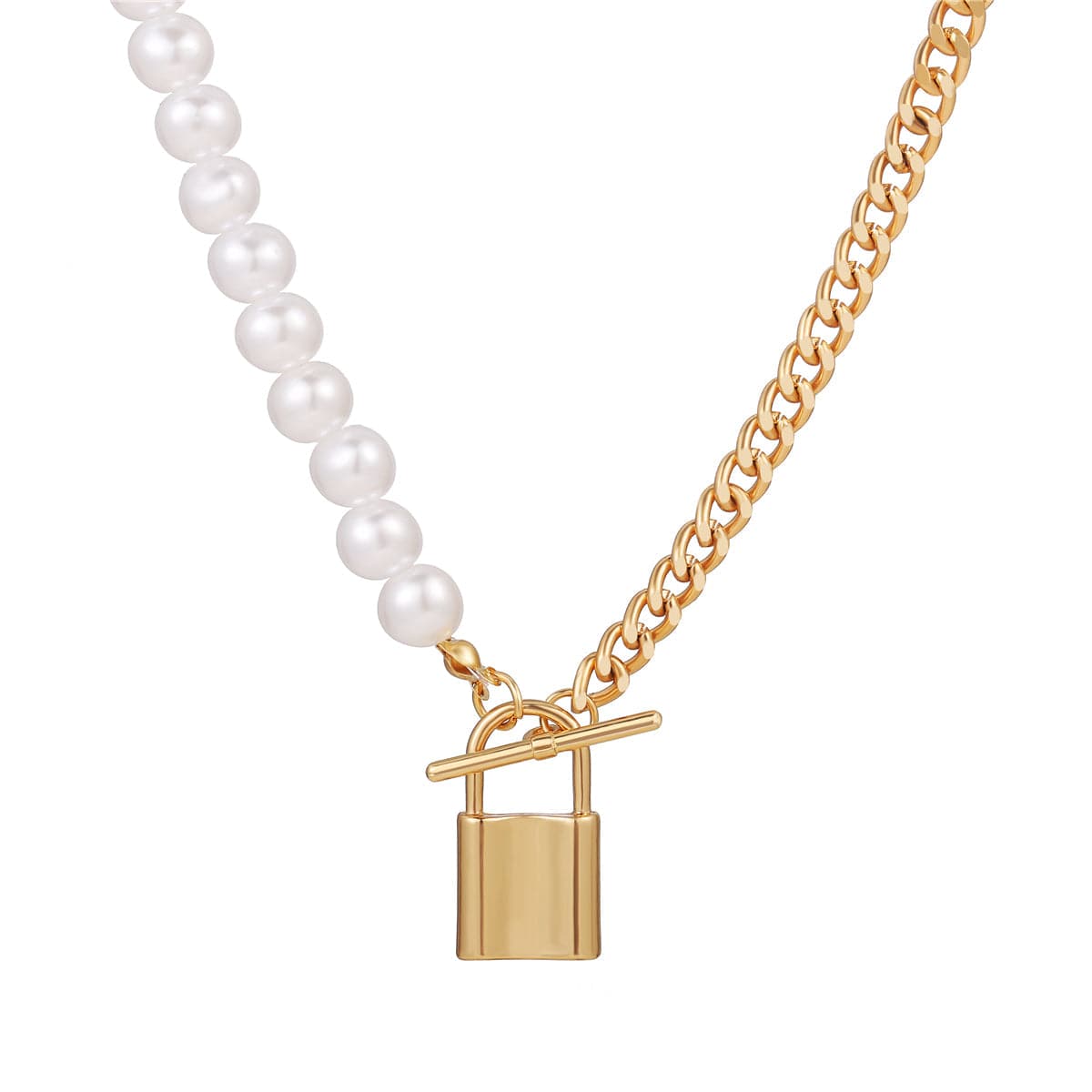 Pearl and 18K Gold-Plated Lock Pendant Necklace, gold pendant necklace for women, dainty minimalist design, side view