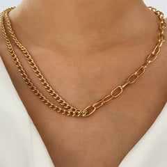 Elegant 18K gold-plated layered necklace featuring a long chain with distinctive links for a stylish look.