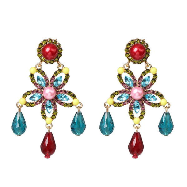 Red & Blue Crystal Pearl Star Drop Earrings