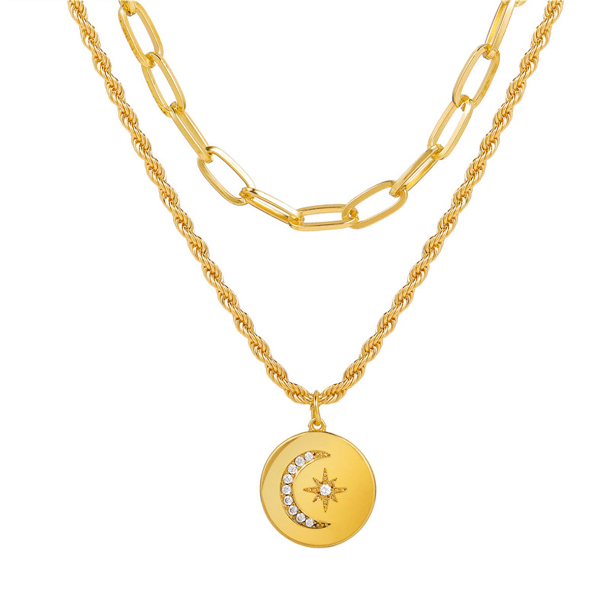Cubic Zirconia and 18K Gold-Plated Celestial Coin Pendant Layered Necklace, gold pendant necklace for women, side view