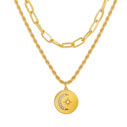 Cubic Zirconia and 18K Gold-Plated Celestial Coin Pendant Layered Necklace, gold pendant necklace for women, side view