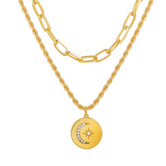 Cubic Zirconia & 18K Gold-Plated Celestial Coin Pendant Layered Necklace