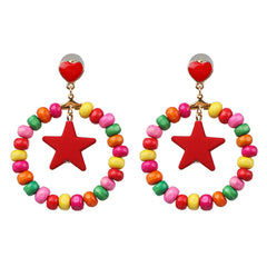 Red Multicolor Wood & Enamel 18K Gold-Plated Round Star Wooden Drop Earrings
