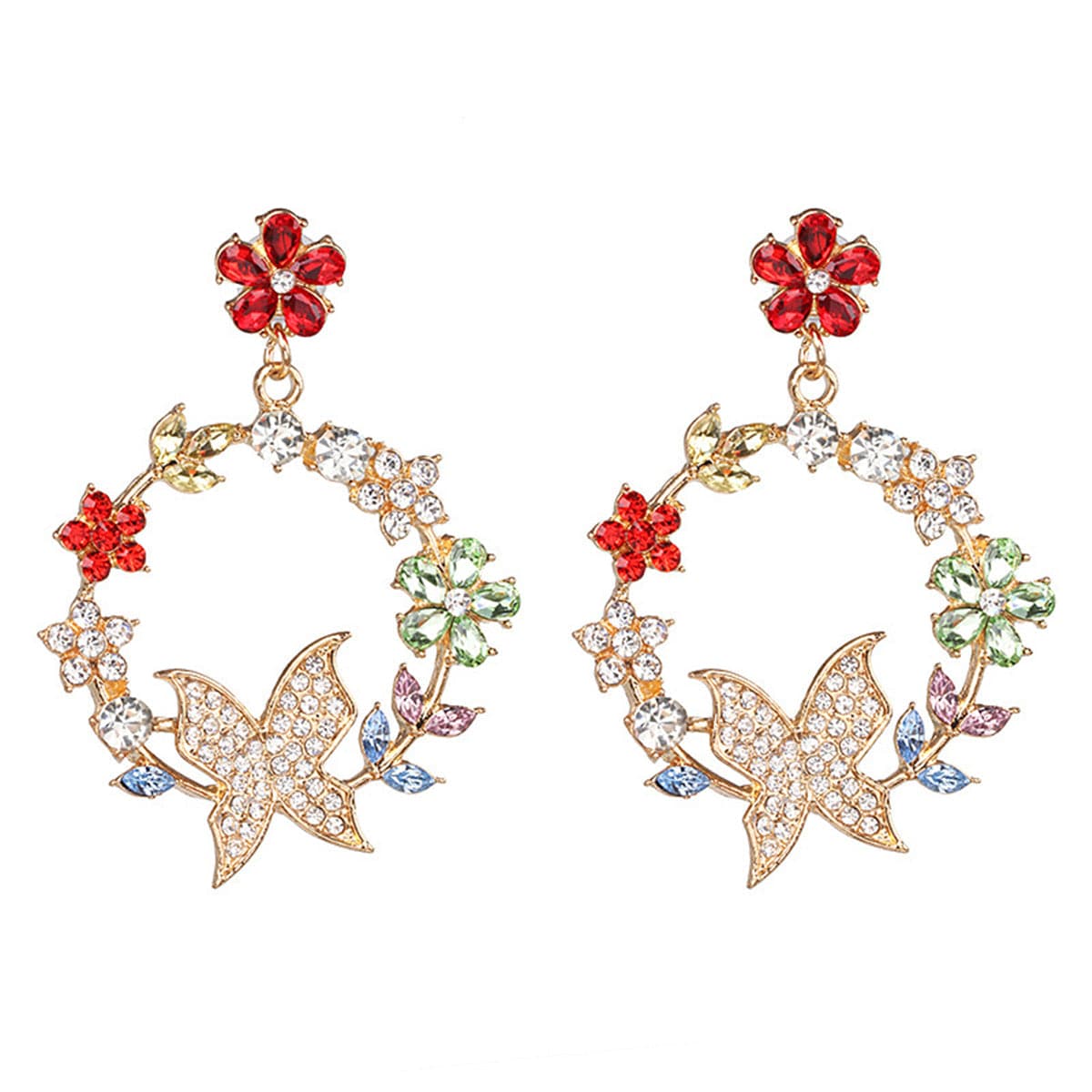 Red Crystal & Cubic Zirconia Floral Butterfly Drop Earrings