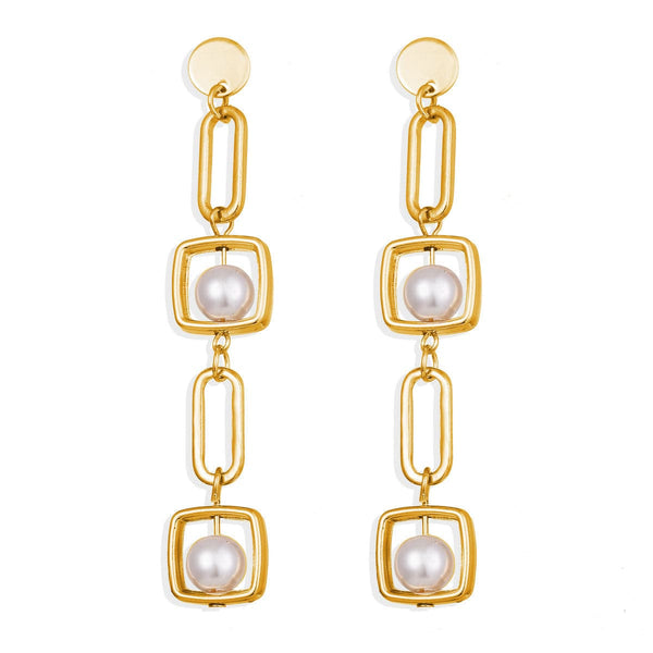Imitation Pearl & Goldtone Geometric Drop Earrings