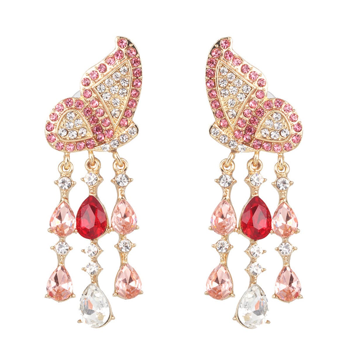 Red Crystal & Cubic Zirconia 18K Gold-Plated Tassel Butterfly Drop Earrings