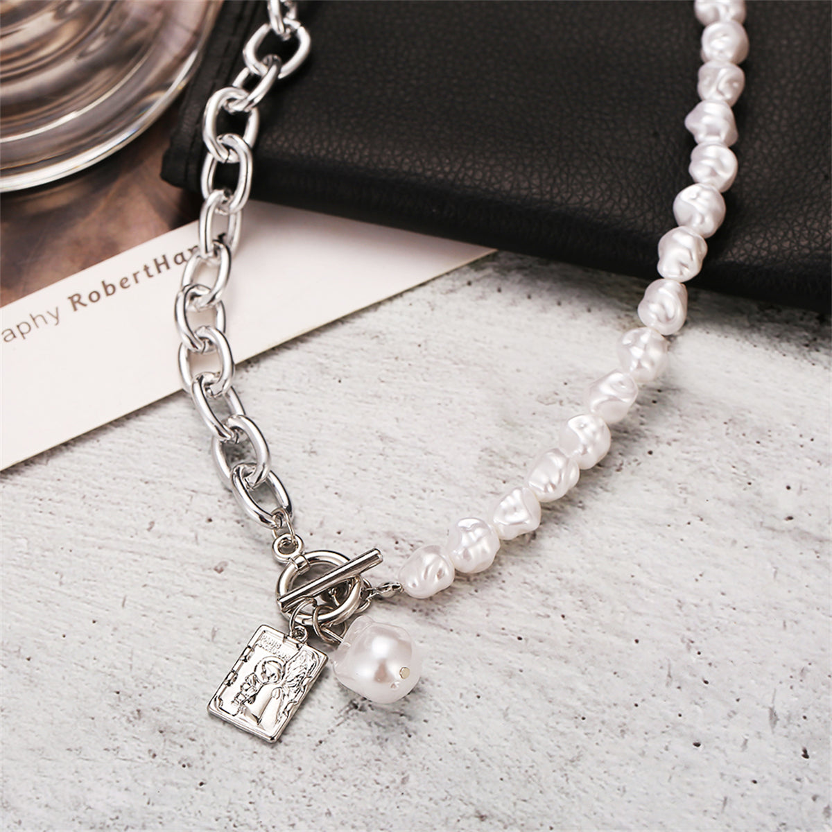 Pearl and Silver-Plated Chain Toggle Necklace, silver pendant necklace for women, elegant gift for her, front view