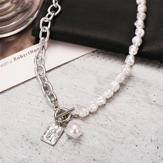 Pearl and Silver-Plated Chain Toggle Necklace, silver pendant necklace for women, elegant gift for her, front view