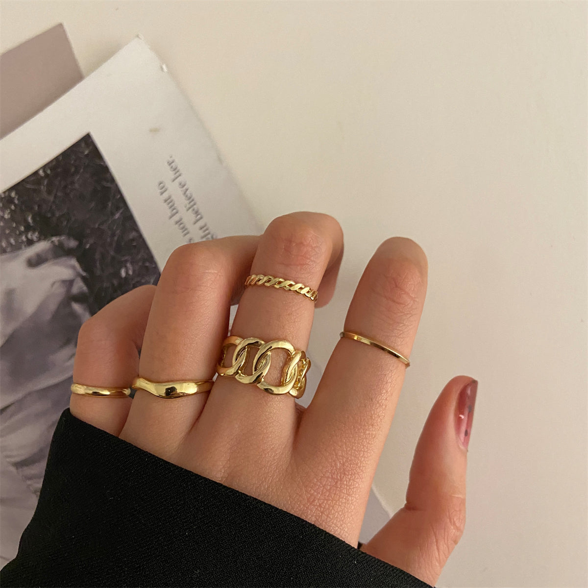 18K Gold-Plated Cable Chain Open Ring Set, jewelry gift sets for women, vintage-inspired design, front view