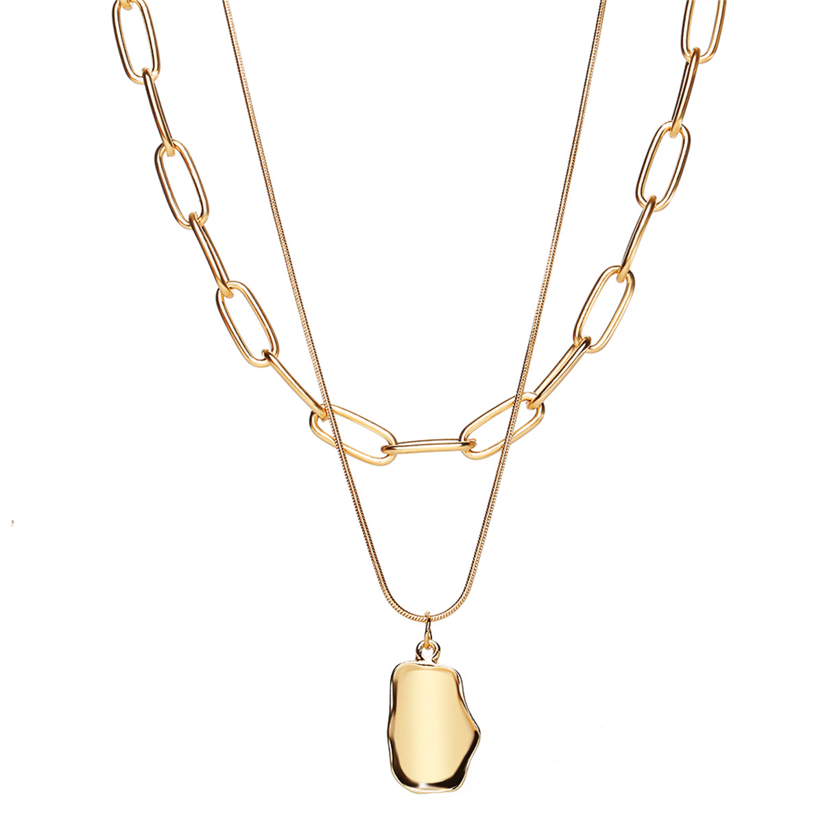 18K Gold-Plated Cable Chain Layered Pendant Necklace, gold pendant necklace for women, dainty minimalist design, front view
