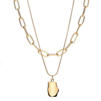 18K Gold-Plated Cable Chain Layered Pendant Necklace, gold pendant necklace for women, dainty minimalist design, front view