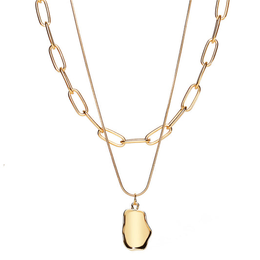18K Gold-Plated Cable Chain Layered Pendant Necklace, gold pendant necklace for women, dainty minimalist design, front view