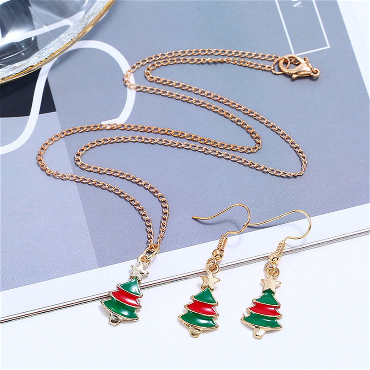 Green Enamel & 18K Gold-Plated Christmas Tree Pendant Necklace Set