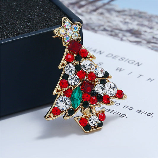 Red and Green Cubic Zirconia 18K Gold-Plated Christmas Tree Brooch, gold brooch pin, vintage-inspired design, front view