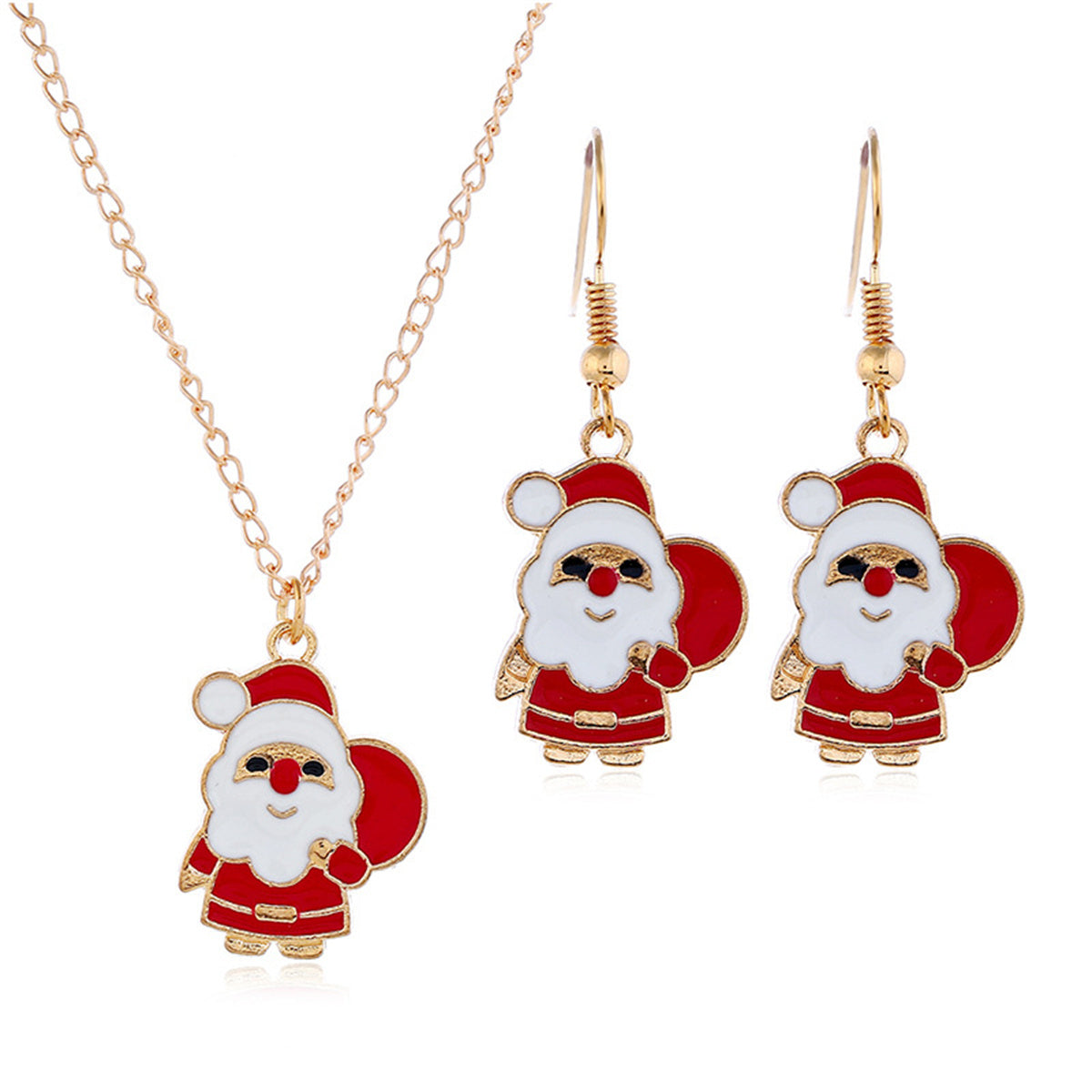 Red Enamel and 18K Gold-Plated Santa Pendant Necklace and Drop Earrings, gold drop earrings for women, front view