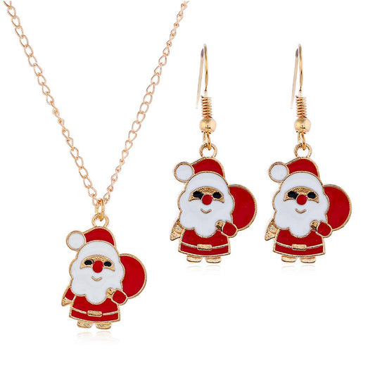 Red Enamel and 18K Gold-Plated Santa Pendant Necklace and Drop Earrings, gold drop earrings for women, front view
