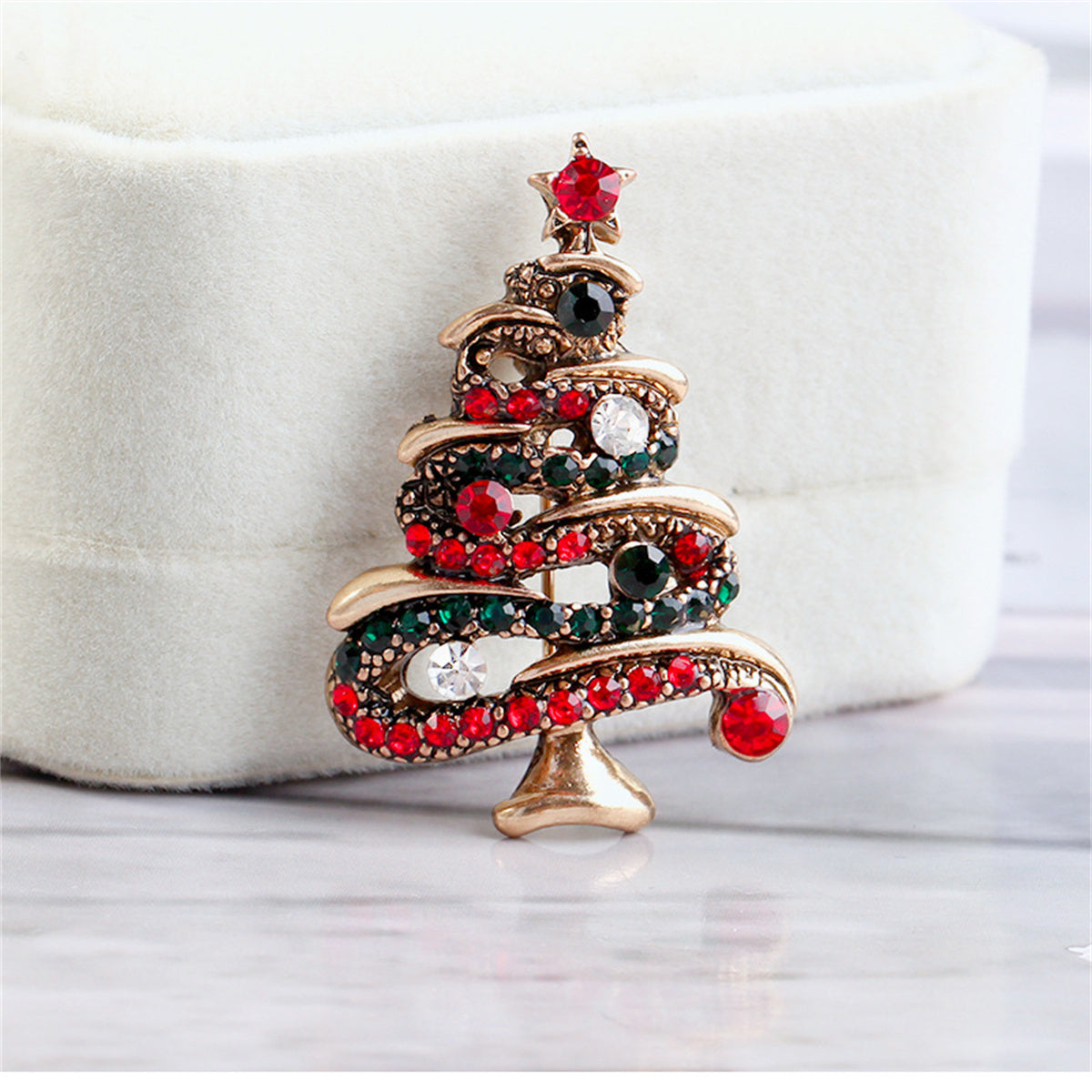 Red Cubic Zirconia and 18K Gold-Plated Christmas Tree Brooch, gold brooch pin, botanical inspired, lifestyle look
