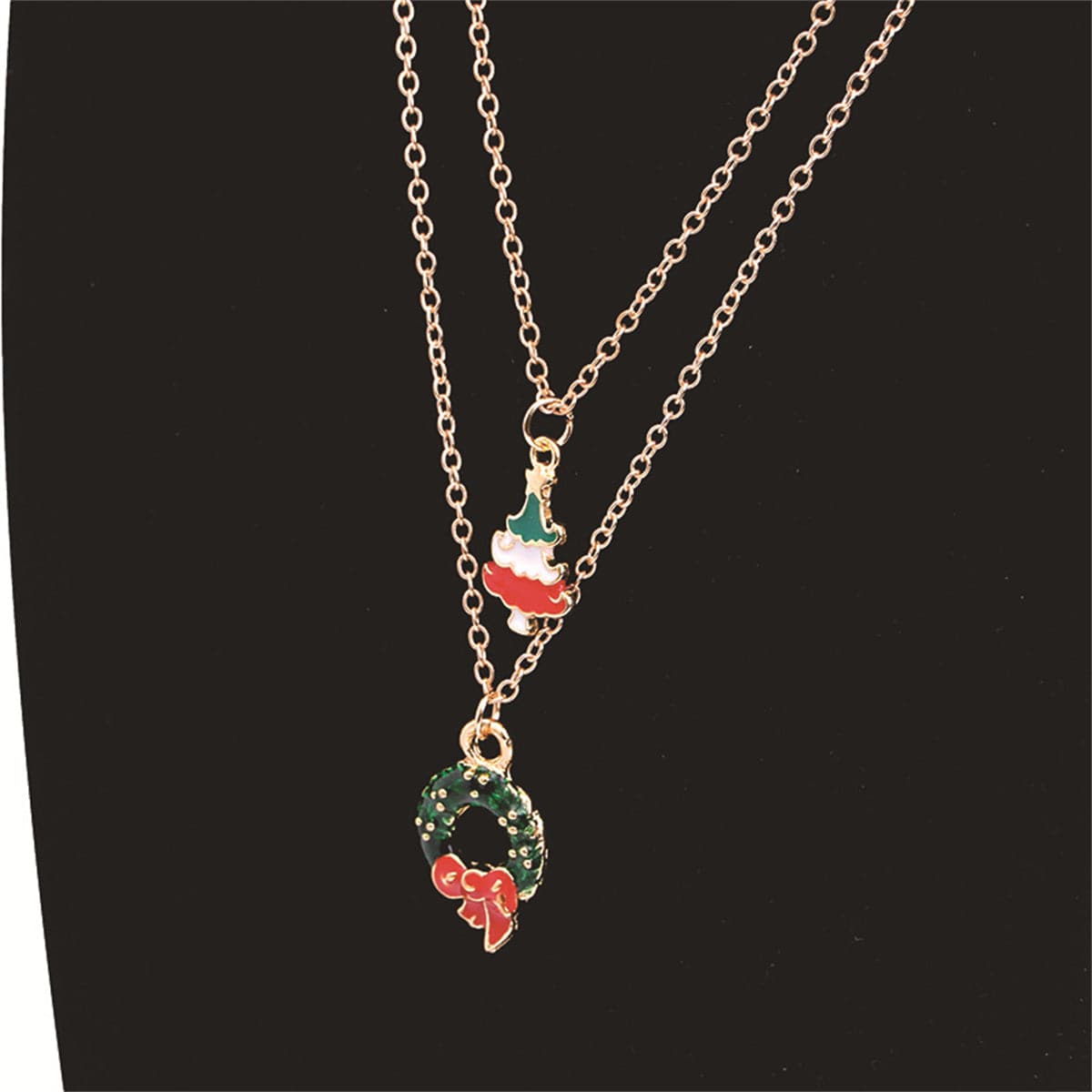 Green Enamel and 18K Gold-Plated Christmas Wreath and Tree Pendant Necklace Set, jewelry gift sets for women, side view