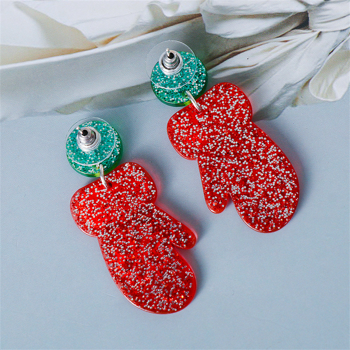 Red and Green Glitter Tiered Snowflake Glove Drop Earrings, drop earrings for women, botanical inspired, styled look