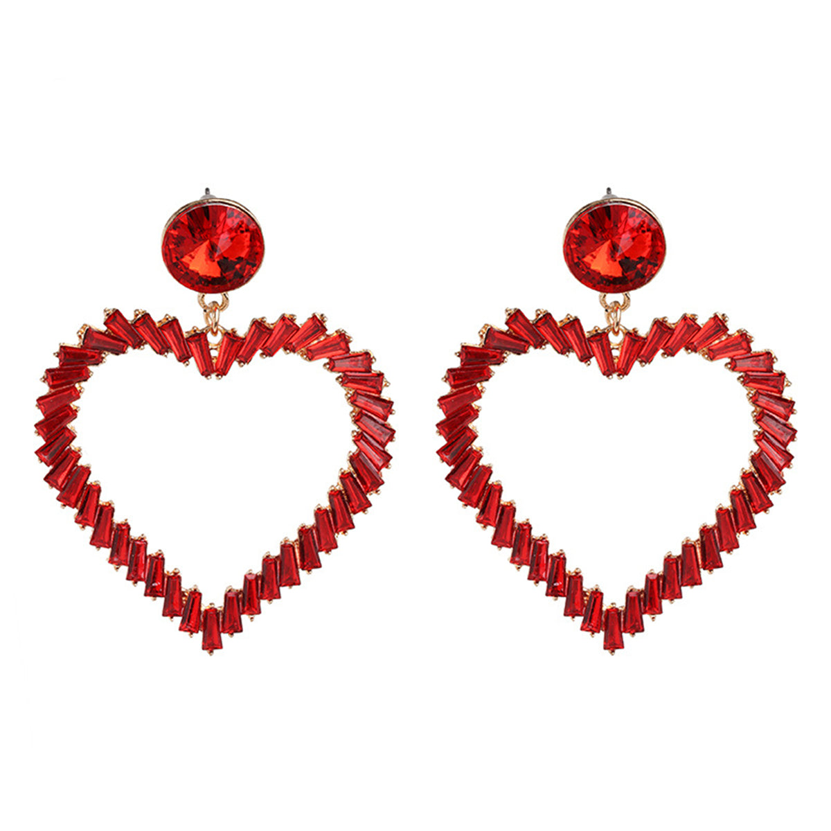 Red Crystal and 18K Gold-Plated Open Heart Drop Earrings, gold drop earrings for women, elegant gift for her, front view