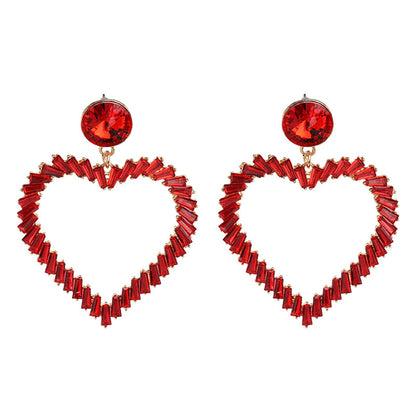 Red Crystal and 18K Gold-Plated Open Heart Drop Earrings, gold drop earrings for women, elegant gift for her, front view