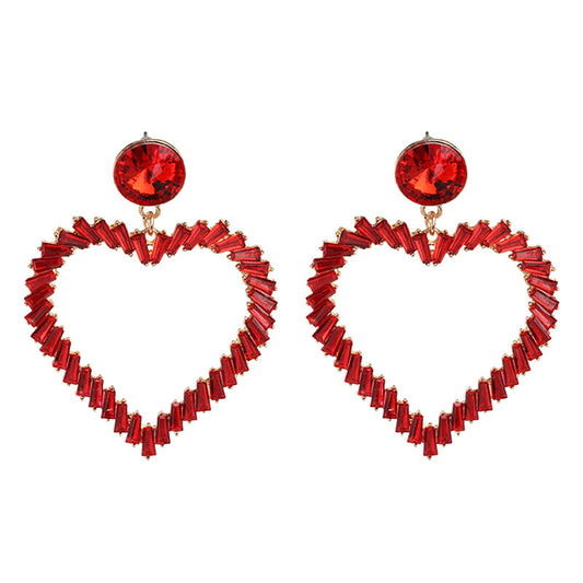 Red Crystal and 18K Gold-Plated Open Heart Drop Earrings, gold drop earrings for women, dainty minimalist design, front view
