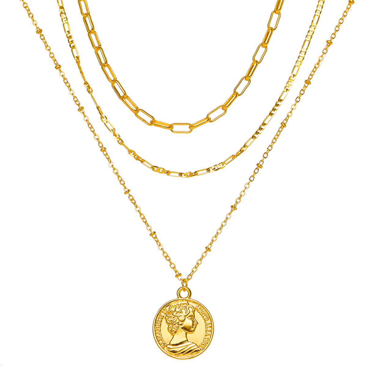 18K Gold-Plated Coin Layered Pendant Necklace, gold pendant necklace for women, elegant gift for her, side view