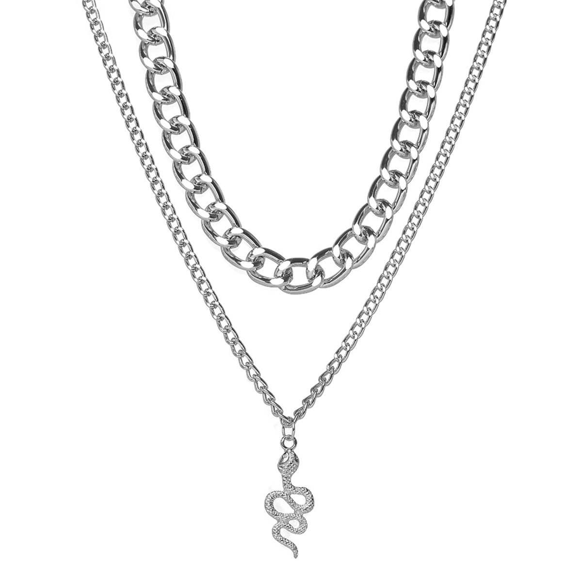 Silver-Plated Figaro Chain Snake Layered Pendant Necklace, silver pendant necklace for women, elegant gift for her, side view
