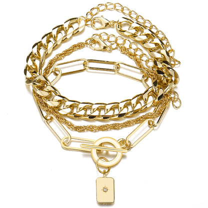 Cubic Zirconia and 18K Gold-Plated Cable Chain Toggle Bracelet Set, jewelry gift sets for women, side view