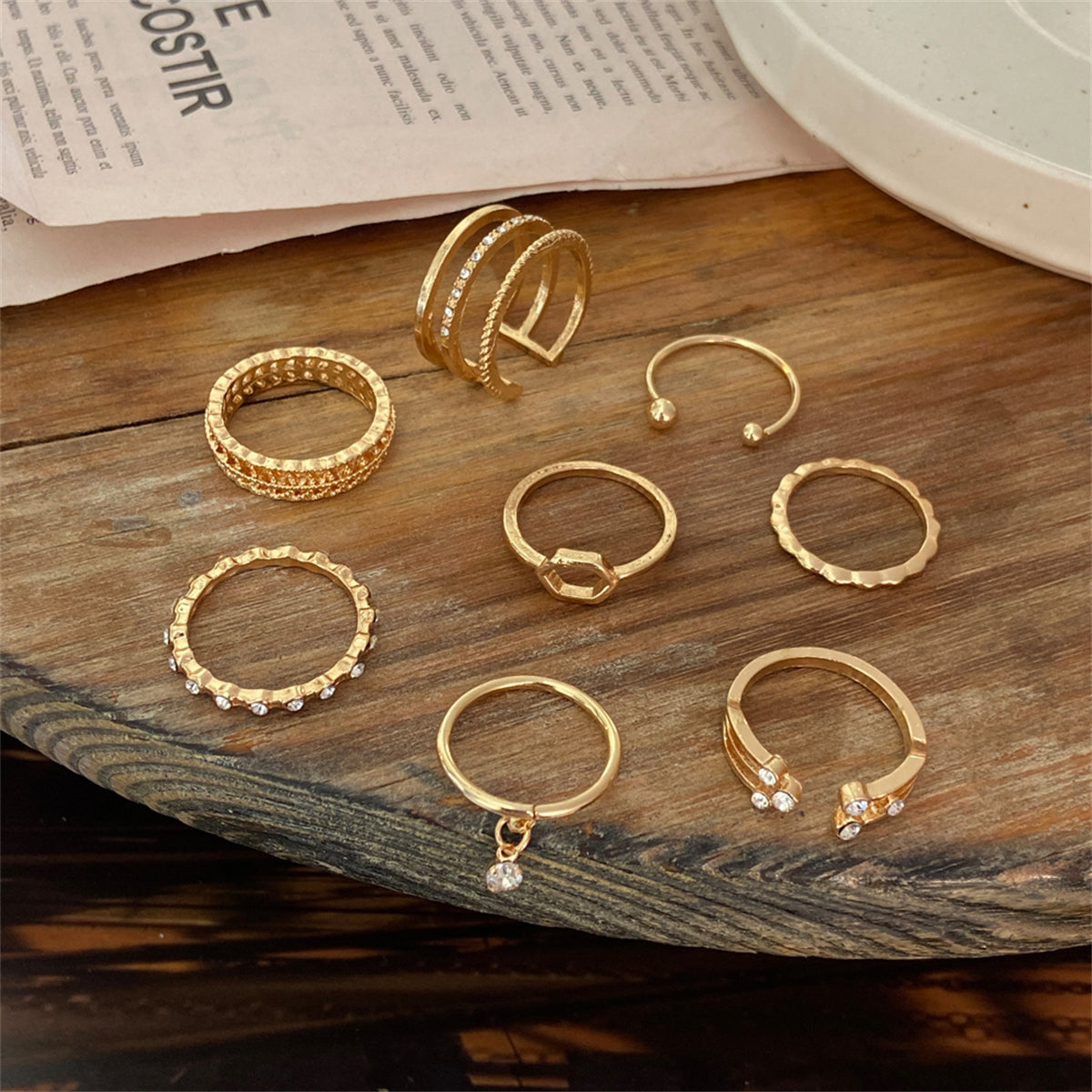 Cubic Zirconia and 18K Gold-Plated Openwork Bypass Ring Set, jewelry gift sets for women, dainty minimalist design, side view
